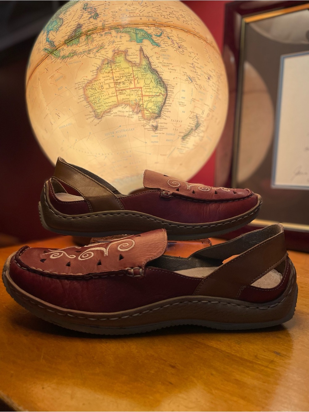 Rieker Women's Comfort Slide Loafers Cream Embroidery Leather in Red and Brown 7